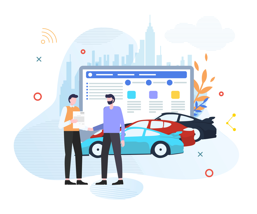 Car Sharing, Buying or Renting Service Advertising Cartoon Flat Vector Illustration. Person Choosing Vehicle and Signing Contact. Man Ordering Sport Car. Two Characters Shaking Hands.