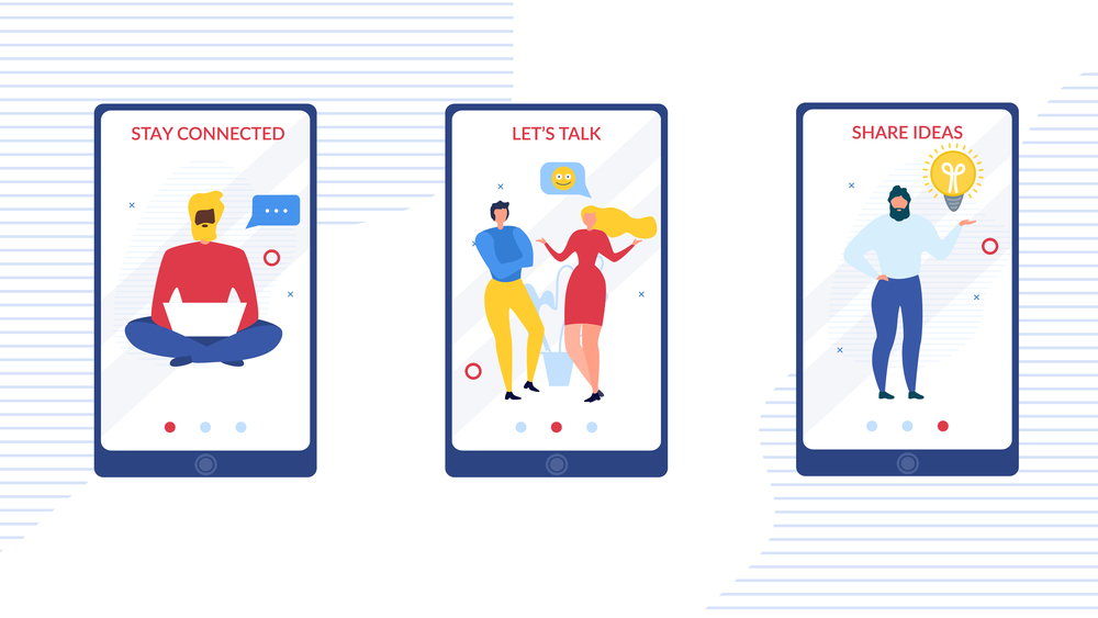 Mobile Application Set with Multiracial People Conversation. Motivating Lettering Stay Connected via Internet, Live Talk and Share Ideas Motivation. Vector Flat Phone Screen Kit Illustration. Mobile Application Set with People Conversation