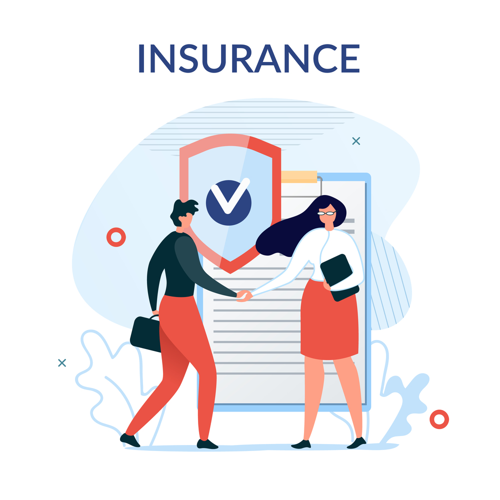 Flat Metaphor Poster Presenting Insurance Services. Cartoon Male Customer and Female Agent Shaking Hands over Huge Safe Contract Agreement. Security and Protection Idea. Vector Illustration. Insurance Services Presentation Metaphor Poster
