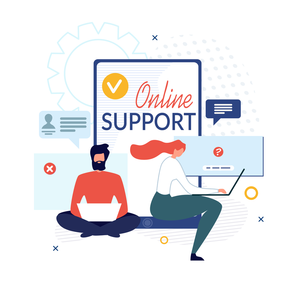 Online Support and Virtual Help Service Advertisement. Flat Banner with Cartoon Male and Female Customer Use Laptop Chatting Call Center Agent, Hotline Operator. Online assistant. Vector Illustration. Online Support and Virtual Help Service Banner