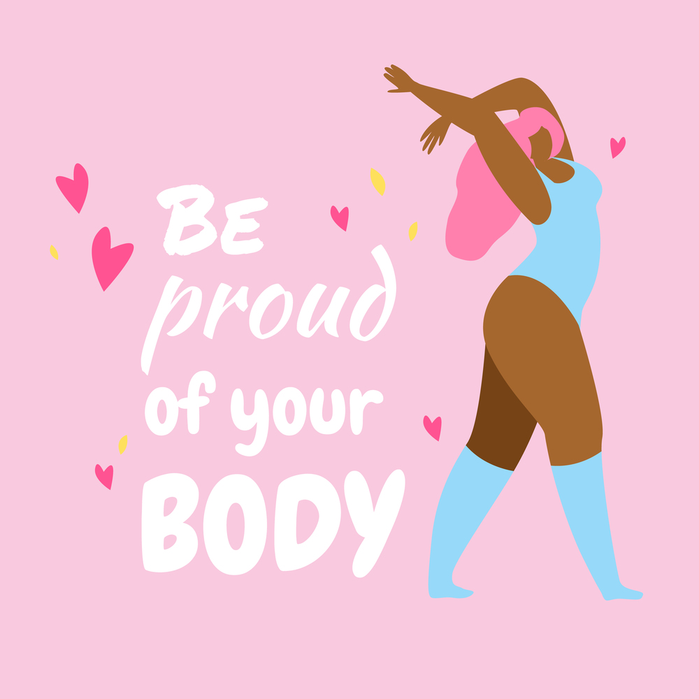 Young African Plus Size Woman Happy Dancing Near Words Be Proud of Your Body on Pink Background. Body Acception, Positive Movement, Beauty Diversity. Active Lifestyle. Cartoon Flat Vector Illustration. Happy African Woman Dancing. Be Proud of Your Body