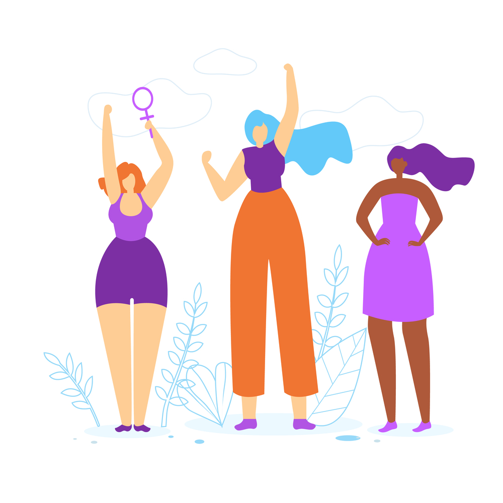 Young Girls with Hands Up. Diverse International and Interracial Women. Female Power Symbol in Hand, Feminism and Feminine, Woman Empowerment Idea. Togetherness. Cartoon Flat Vector Illustration.. Young Girls with Hands Up. Woman Empowerment Idea