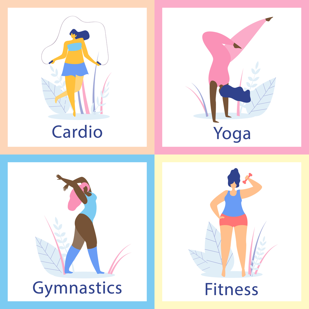 Happy Yoga, Cardio, Fitness and Gymnastics Plus Size Girls Cards. Body Positive. Attractive Overweight Women Healthy Lifestyle. Fat Acceptance Movement, No Fatphobia. Cartoon Flat Vector Illustration.. Attractive Overweight Women Healthy Lifestyle.
