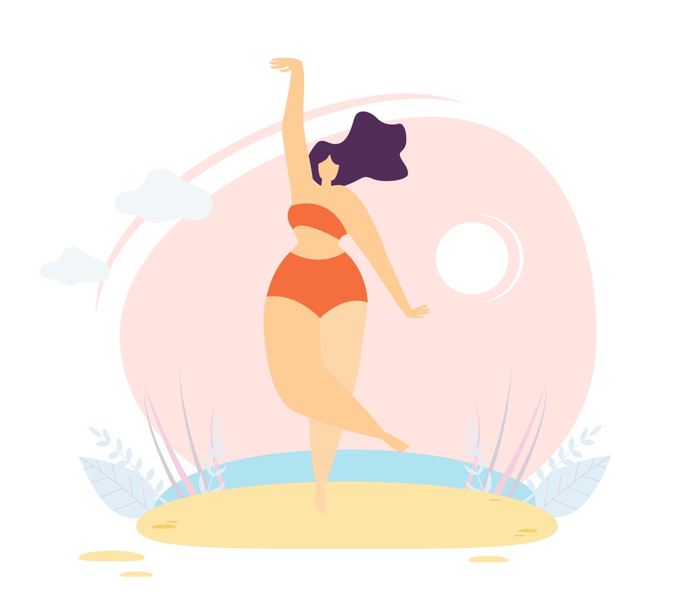 Happy Chubby Girl in Swimwear Doing Yoga Exercise Fitness Cartoon Woman Dancing Ballet Plus Size Model Posing on Sunny Beach Vector Illustration Feminine Body Positive Concept Active Lifestyle Banner. Body Positive Flat Poster Template Woman Motivate