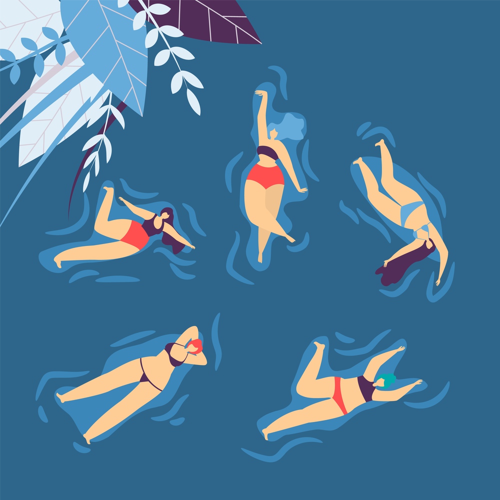 Flat Cartoon Banner Body Positive Concept Top View Women in Swimsuit Swimming Relaxing in Splashes of Water Leisure Time Summer Body Positive Vector Illustration in Floral Design Color Backdrop. Swimsuit Swimming Relaxing Water Woman Leisure