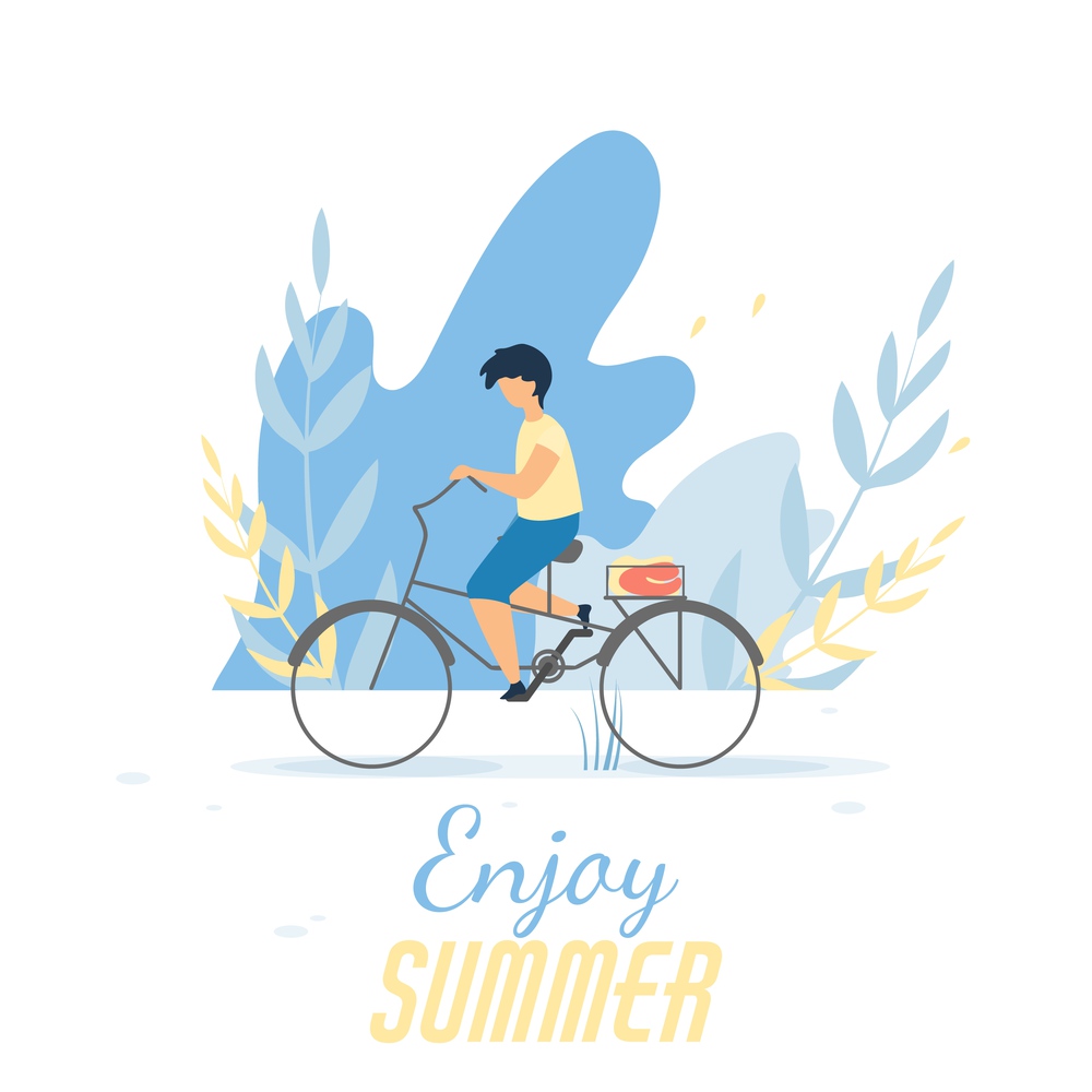 Enjoy Summer Text Banner with Cartoon Boy Cycling. Young Cyclist on Bike. Vector Flat Motivate Illustration with Foliage Design. Outdoors Activity, Rest Time, Eco Transportation, Healthy Lifestyle. Enjoy Summer Text Banner with Cartoon Boy Cycling