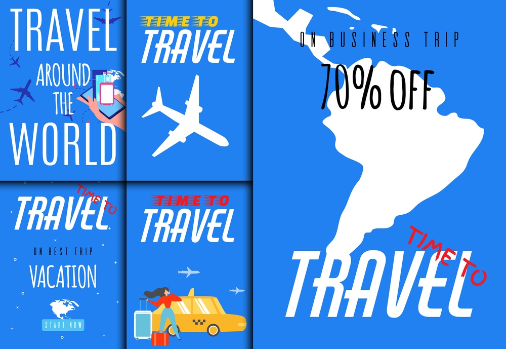 World Travel Sales Set. Tour Agency Application. Mobile Cover, Invitation Flyer, Printable Card Kit with Promotion Text. Best Vacation Offer and Hot Discount on Airplane Ticket. Vector Illustration. World Travel Sales Set for Tour Agency Application