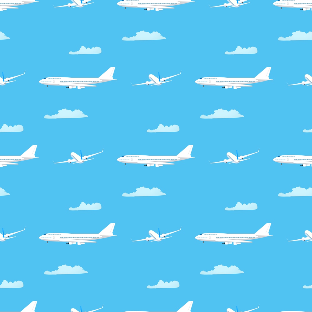 Seamless Pattern on Airline Traveling Theme. Airplanes and Clouds on Blue Sky. Repeatable Cartoon Design. Wallpaper for Tour Agency Presentation. Summer Vacation and Journey. Vector Flat Illustration. Blue Seamless Pattern on Airline Traveling Theme