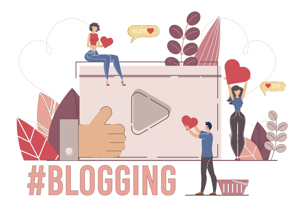 Popular Blogger, Fashion and Lifestyle Vlogger, Streamer or Broadcaster Concept. Blogging People, Man and Woman Liking, Sharing, Posting Popular Content in Internet Trendy Flat Vector Illustration