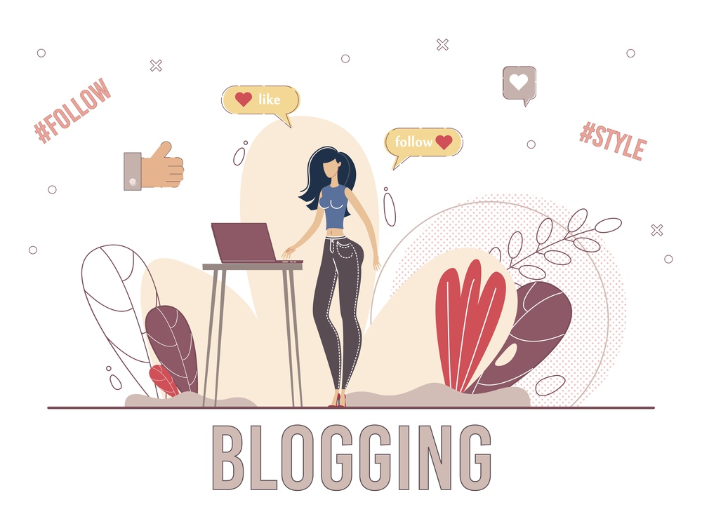 Fashion and Lifestyle Vlogger, Content Author, Social Media Reader Concept. Blogging Woman, Young Lady Subscribing to Blogger Channel, Communicating in Social Network Trendy Flat Vector Illustration