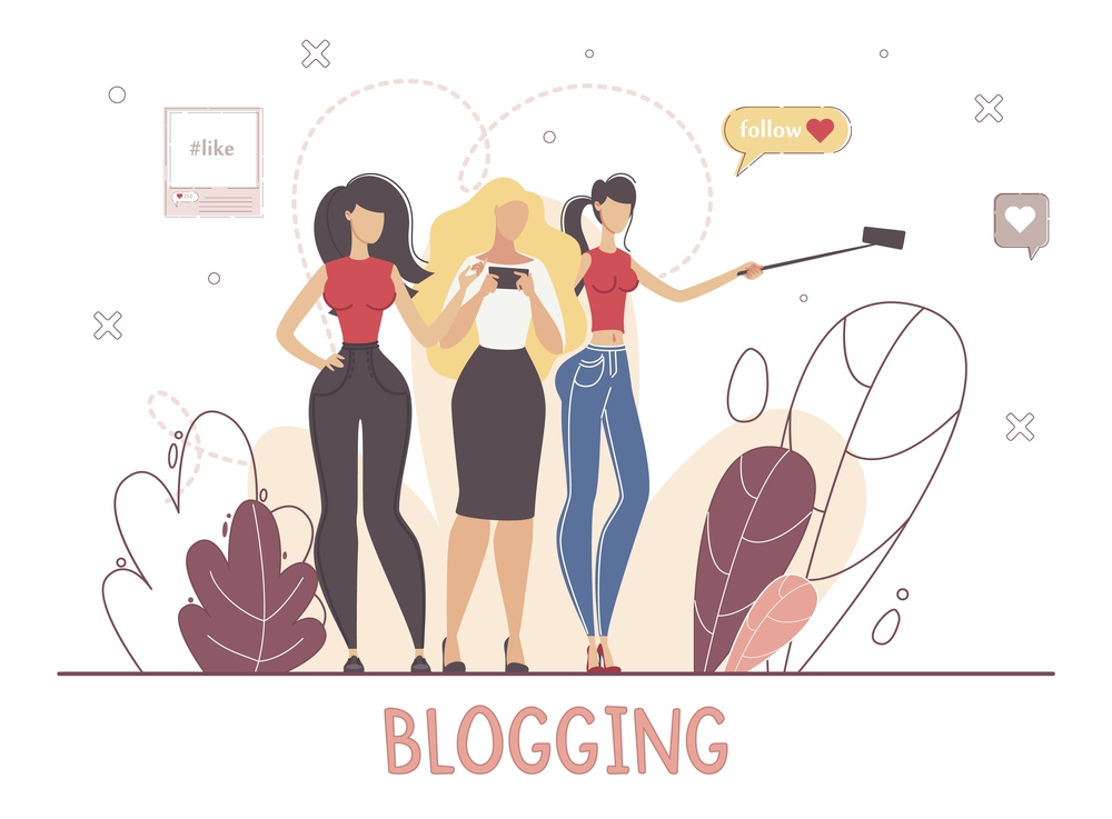 Beauty Blogger, Video Content Maker, Social Network User Concept. Blogging People, Women Streaming Live Video Online with Mobile Phone, Following Popular Vlogger Trendy Flat Vector Illustration