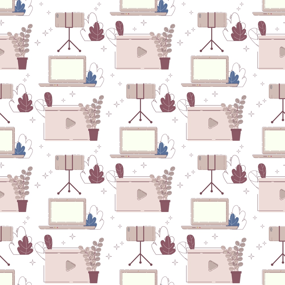 Floral Seamless Pattern, Decorative Background, Textile Print or Wrapping Paper Ornament Template with Modern Blogger Instruments, Laptop, Smartphone on Mobile Tripod Stand Flat Vector Illustration
