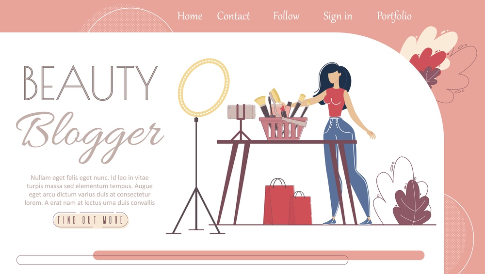 Beauty Blogger Review Channel, Video Content Production, Cosmetics Brand Promotion Campaign Web Banner, Landing Page Template. Woman Reviewing New Cosmetics Products Trendy Flat Vector Illustration