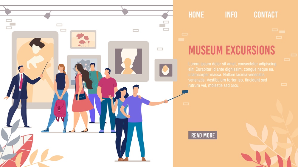 Landing Page Promoting Historical Cultural Museum Excursions. Guide Showing Contemporary Artworks and Famous People Painting Portraits Collection. Visitors at Classic Gallery or Medieval Palace