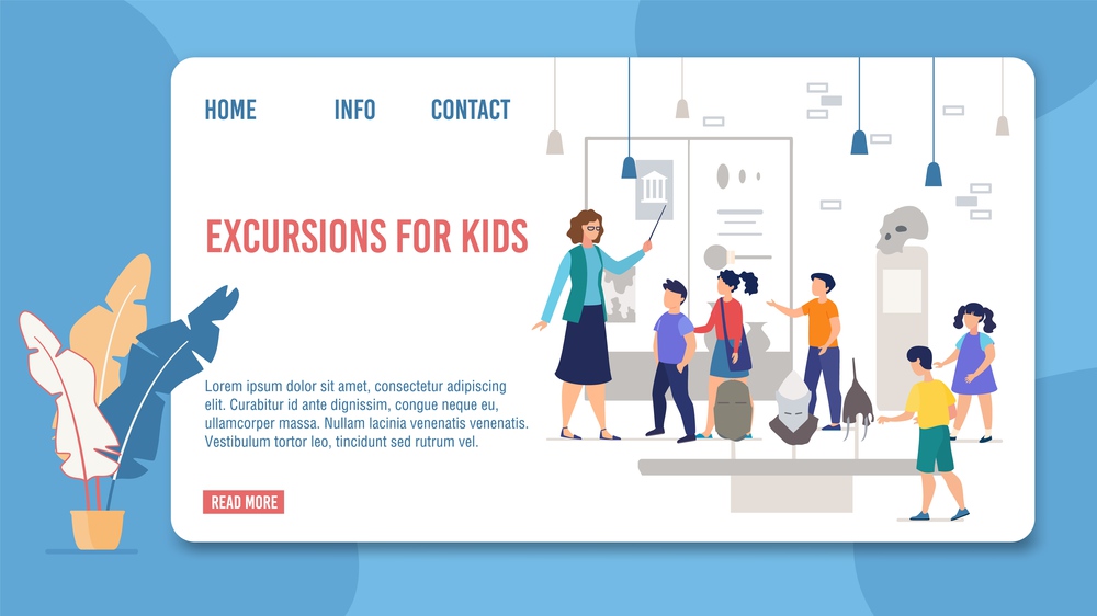 Landing Page Offer Kids Excursions to History Museum. Schoolkids Listen Guide, Watching Medieval Knight Steel Armor and Helmets Exposition. Educational Tour for Children. Vector Illustration