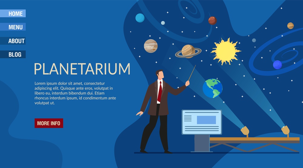 Planetarium Presentation Responsive Landing Page Template. Guide Male Character Telling about Solar System with Stars, Planets. Physics Science and Astronomy Museum. Vector Illustration