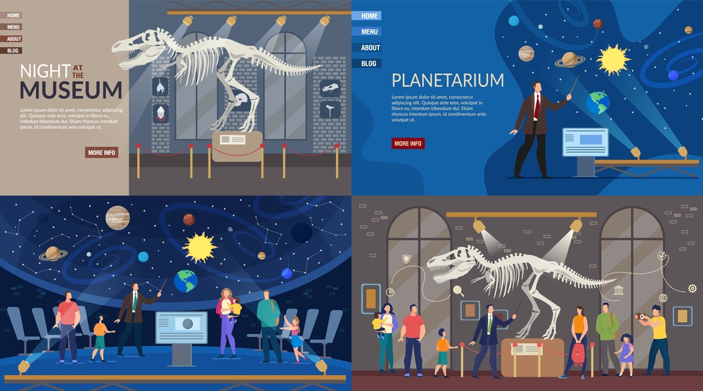 Planetarium and Ancient History Night Museum. Landing Page Responsive Design Set. New Exhibition Opening, Interactive Event, Creative Entertainment. Visitors Enjoy Expo. Vector Illustration