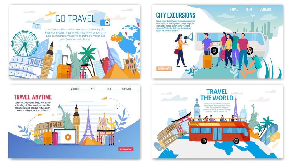 Webpage Set Offering City Excursion, World Trip, Exciting Journey to Europe, Oriental or Exotic Countries. Travelling by Bus, Airplane. Video Review about Destination Place. Vector Illustration