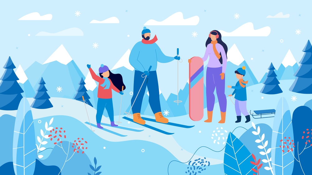 Happy Family Skiing, Snowboarding, Sledding Together on Mountain Resort. Active Parents with Children Rest during Winter Travel on New Year Christmas Holidays Vacation. Vector Illustration