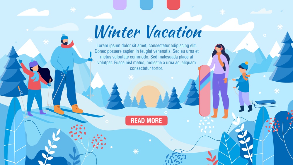 Active Winter Vacation for Family Advertising Webpage Banner. Happy Mother, Father and Children Skiing, Snowboarding, Sledding Together. Weekends on Mountain Resort. Vector Illustration