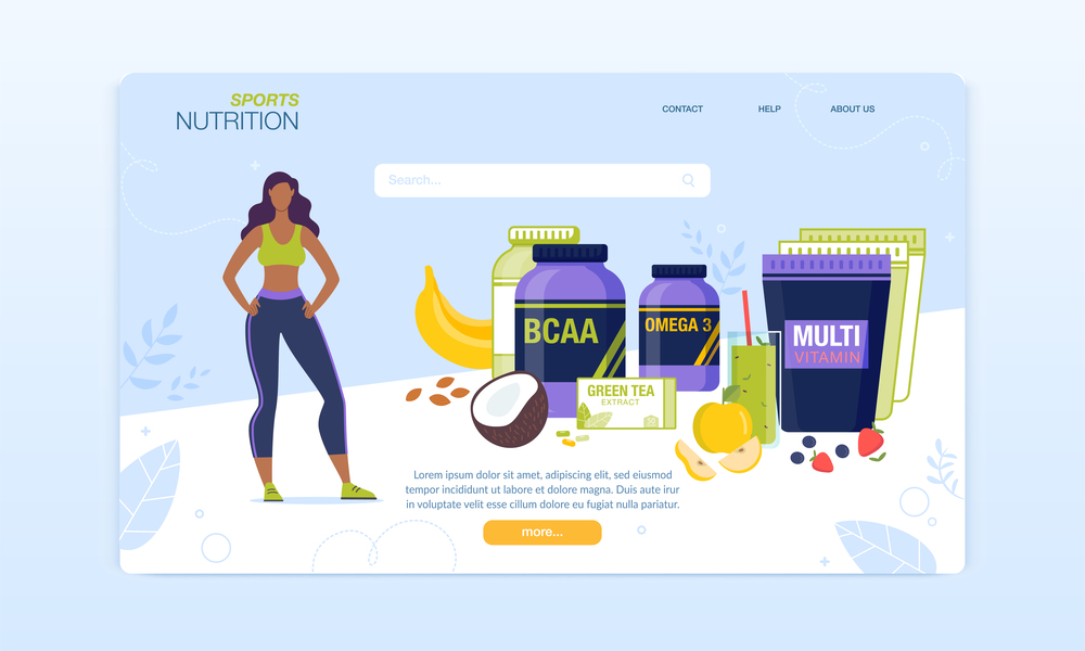 Sport Nutrition Complex for Women Landing Page. Vitamins and Minerals Supplements Assortment Online Order and Delivery Service. Green Tea, Smoothie, Powder, Pills. Vector Sports Food Illustration
