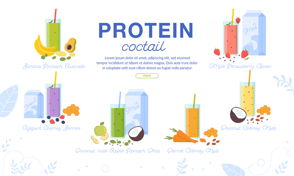 Protein Cocktails Assortment Advertising Banner. Sport Nutrition Order Delivery Service. Sweet Milk Shake with Fruits, Vegetables, Nuts, Honey. Fresh Smoothie Glass Cup Menu Set. Vector Illustration