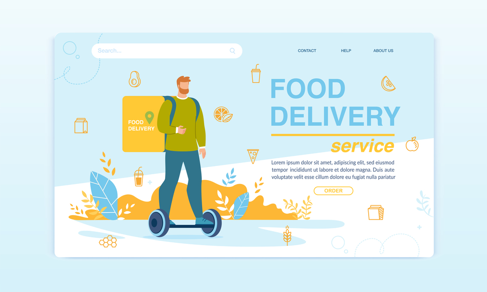 Food Delivery Service on Hoverboard. Landing Page Design. Man Courier Character Carrying Order. Deliveryman Driving Electric Self-Balanced Board. Fresh Healthy Meal Box. Vector Illustration
