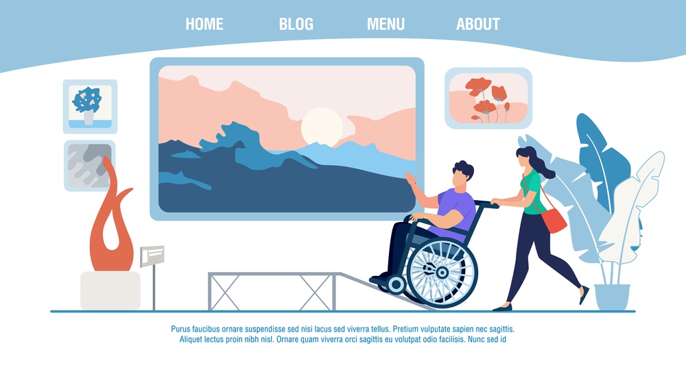Art Museum Exhibition Accessibility Services for People with Disabilities Web Banner, Lading Page Template. Woman Helping Men in Wheelchair Visiting Visual Art Museum Trendy Flat Vector Illustration
