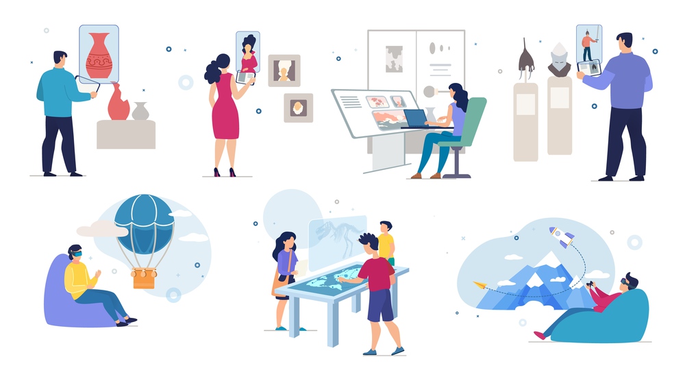 Entertainment and Education with Virtual, Augmented Reality Concepts. People Studying Art, History Museum Exhibition with Mobile Device, Children at Interactive Table Trendy Flat Vector Illustration