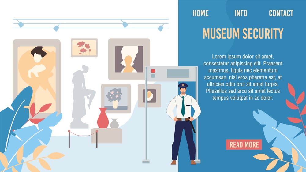 Art or Historical Museum Security Service, Valuable Artworks Protections and Defence Solution Web Banner, Lading Page Template. Museum Guard, Policeman Securing Showpieces Flat Vector Illustration