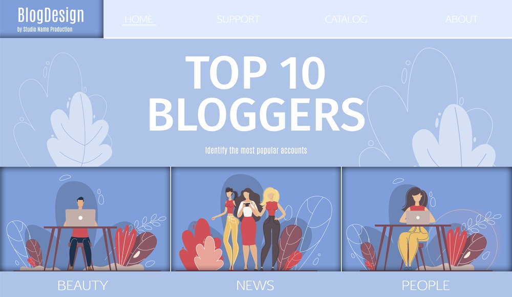 Bloggers Popularity Ranking Service, Web Design Company, Digital Content Production Studio Banner, Landing Page Template. Beauty, News and Lifestyle Bloggers Characters Trendy Flat Vector Illustration