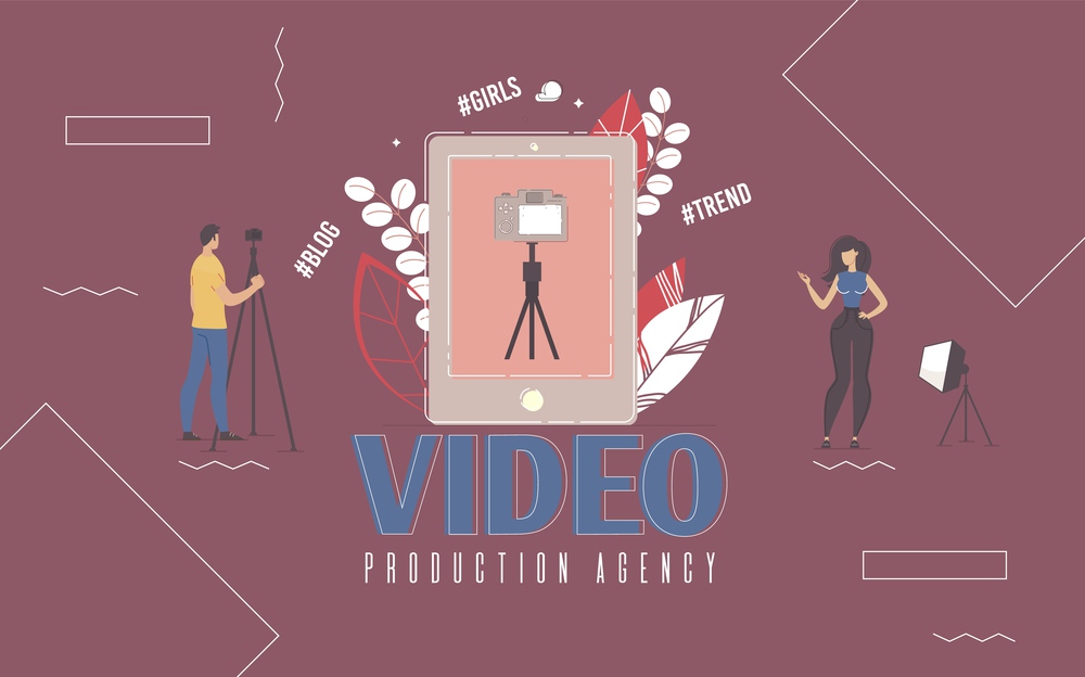 Video Production Agency, Digital Content Studio, Channel in Social Network Ad Banner, Promo Poster Template. Man and Woman, Blogger, Vlogger Recording, Streaming Video Trendy Flat Vector Illustration