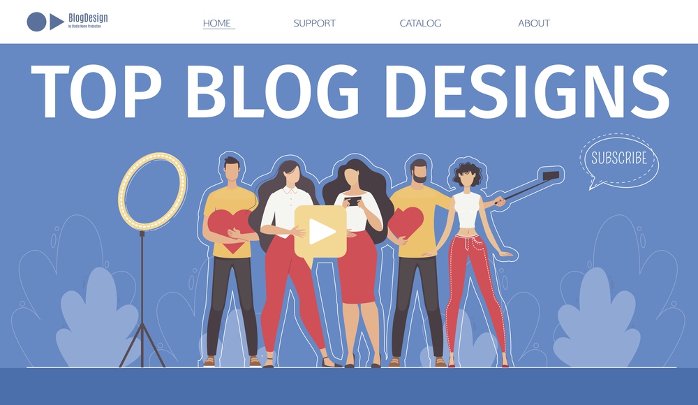 Bloggers Popularity Rating Measure Service, Top Blogger Service for Social Media Content Creator, Internet Promotion Vlog Agency, Multimedia Company Trendy Vector Banner, Landing Page Illustration