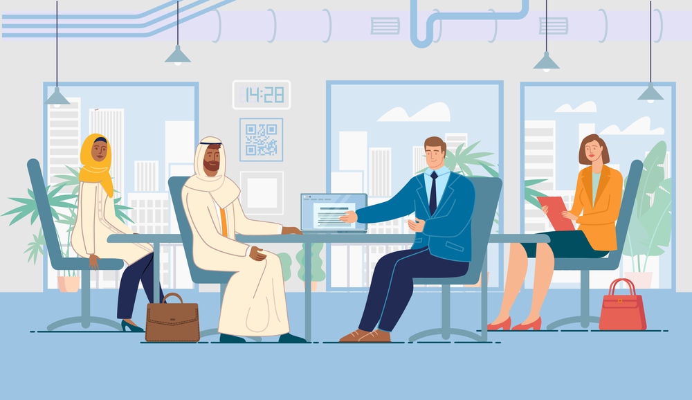 Business Meeting with Foreign Partner, International Investment Project, Concept. Company Ceo Discussing Contract Details, Presenting Idea to Arabian Businessman Trendy Flat Vector Illustration