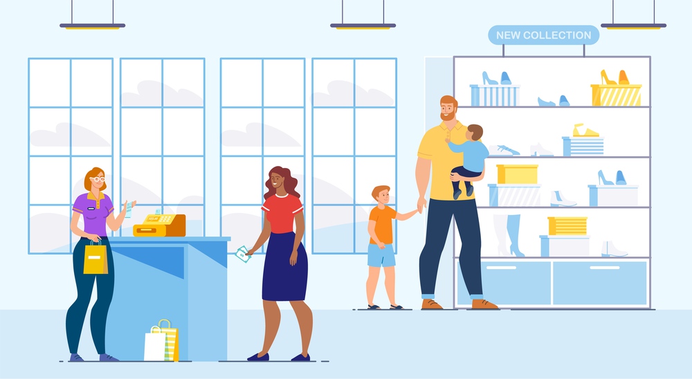 Family Shopping, Buying Goods in Clothing Store Concept. Wife and Husband Buying Shoes, Parents with Children Purchasing Clothing on Sale, Seller Servicing Client Trendy Flat Vector Illustration