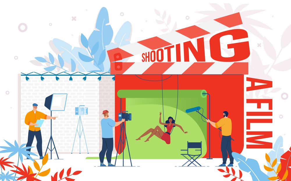 Cinematography Industry, Video Content Production Company, Movie Making Team Work Trendy Flat Vector Concept. Movie Director, Screenwriter Managing Actress Action Scene Filming Process Illustration
