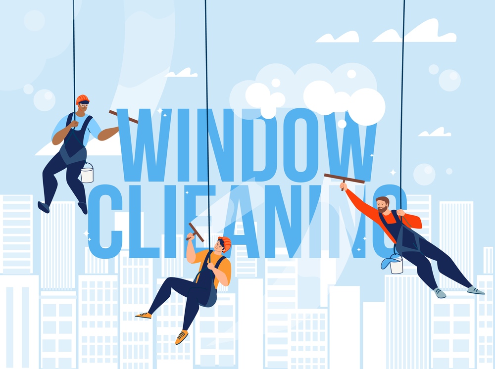 Windows Cleaning Service Advertising Banner, Poster Template. Workers in Overalls and Safety Helmets Hanging on Ropes Behind Glass, Cleaning Window with Squeegee Trendy Flat Vector Illustration