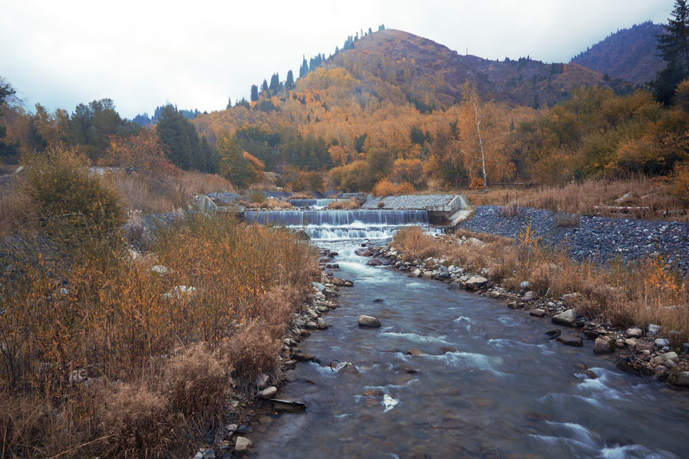Autumn river in mountains. Horizontal photo