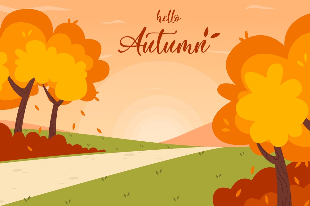 Alley in the park. Autumn landscape background. Hello Autumn lettering logo, vector illustration.