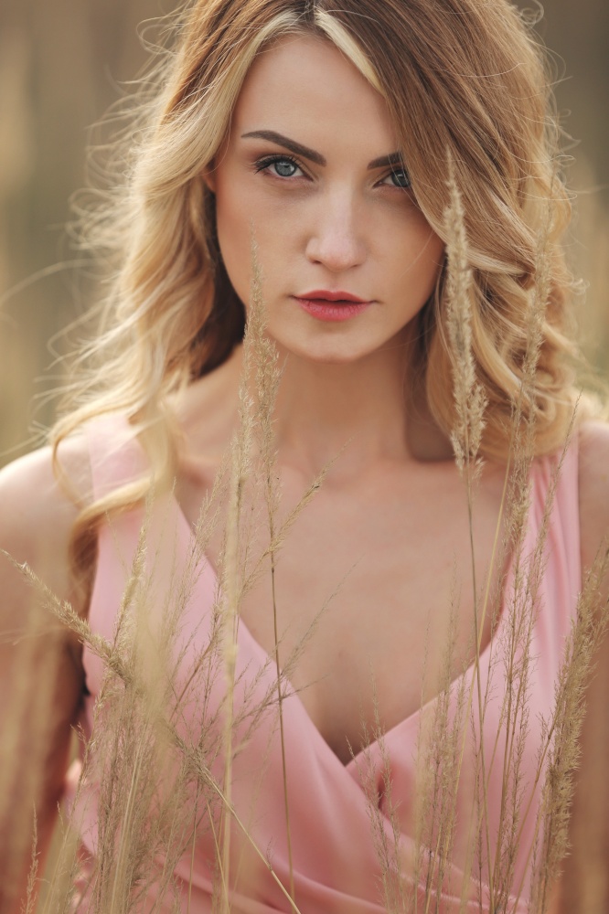 portrait of young beautiful woman with make up outdoors. blond girl with long hair and in a pink dress in field in grass. close up.. portrait of young beautiful woman with make up outdoors. blond girl with long hair and in a pink dress in field in grass. close up