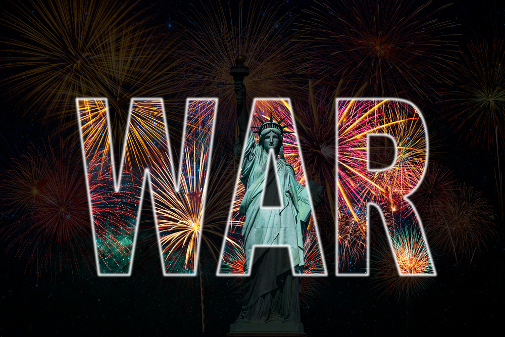 WAR text masking over Statue of Liberty over the Multicolor Fireworks with the United state of America USA flag background, USA and enemy country