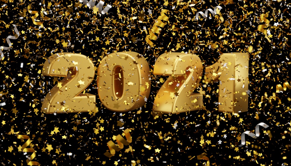 New year 2021 and foil confetti falling on black background 3d render