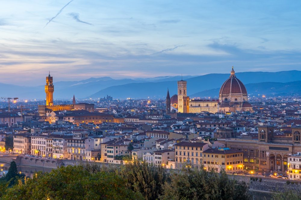 View of Florence city skyline at twilight in Tuscany, Italy.