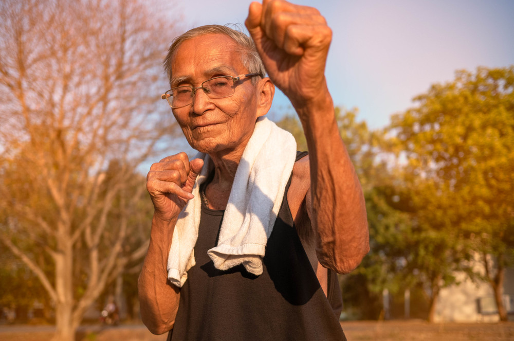 Attractive senior sportive man in boxing stance to exercises in the park for good health. Healthcare concept.