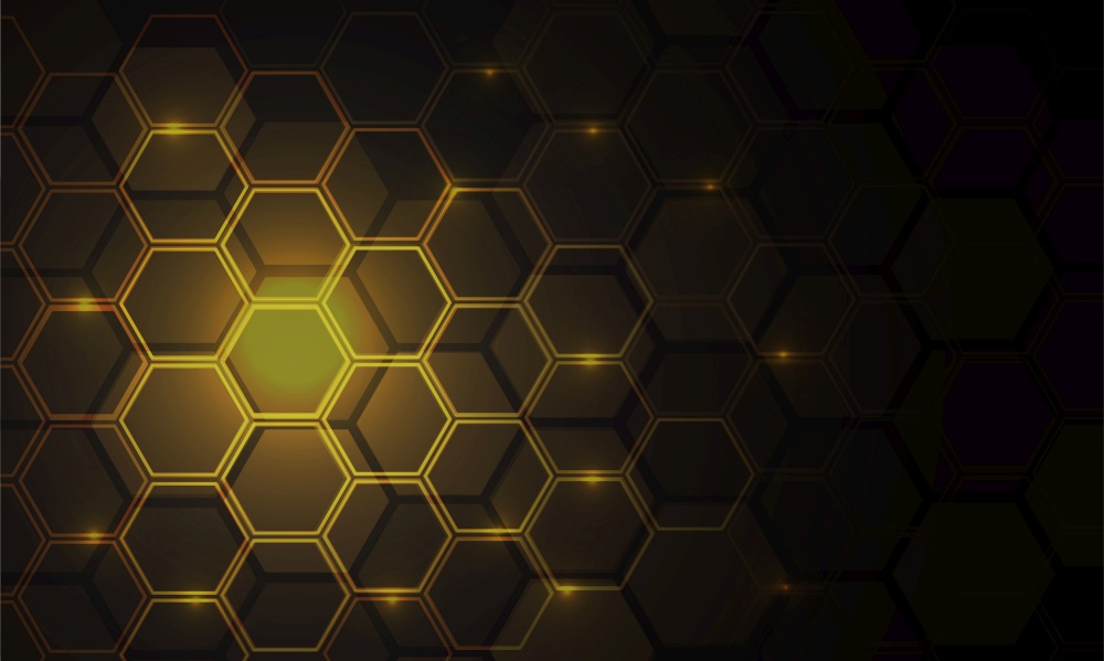 Abstract gold hexagon mesh pattern light power technology on black with blank space design modern futuristic background vector illustration.