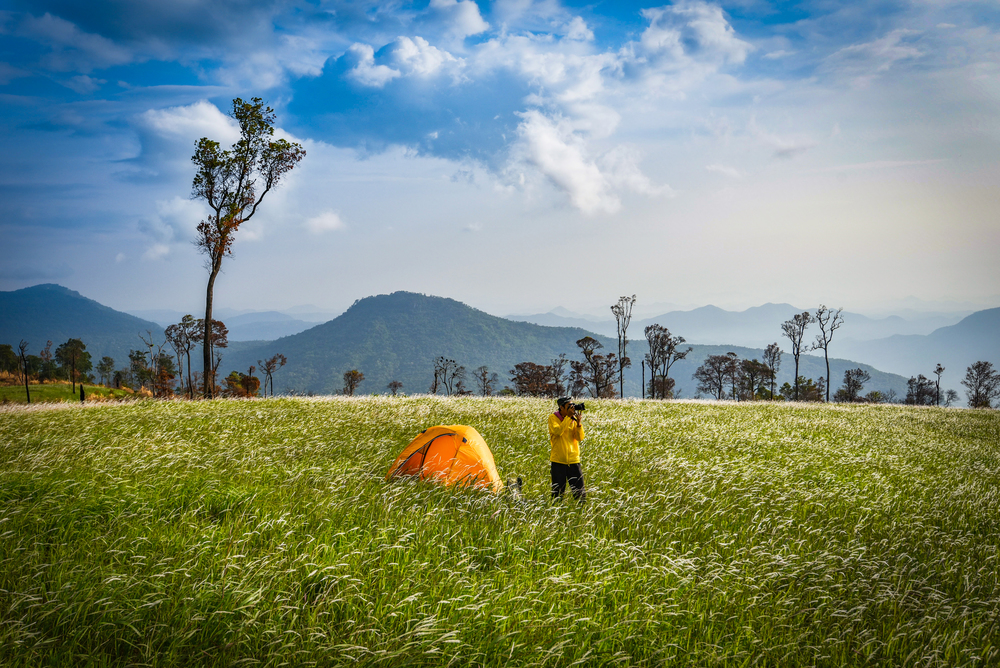 Tent area on on hill mountain / Landscape camping tents on field in the forest with tourist traveler take pictures photographing in the morning beautiful natural green grass meadow