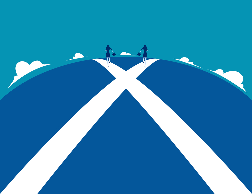 Business person running on crossroads. Concept business vector illustration.