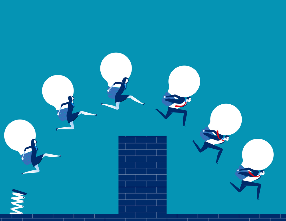 Business team holding bulb and jump over the wall. Concept business vector illustration.