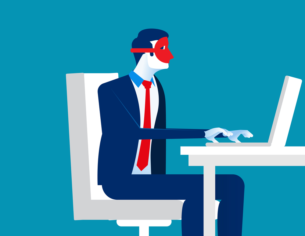 Conceal. Man wearing mask play computer. Concept business vector illustration.