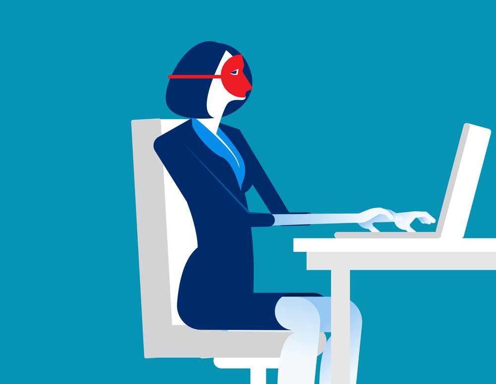Conceal. Woman wearing mask play computer. Concept business vector illustration.